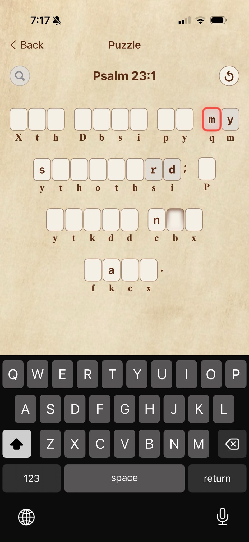 Scripture Cipher main menu with chapter selection